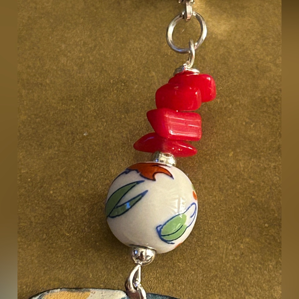 Earrings NWOT Artisan “Cockatiel, too” leaves Enamel Copper, ceramic beads 2.7” - Picture 8 of 14